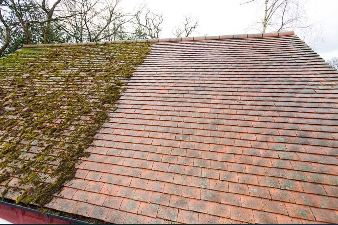 A tiled roof part way through cleaning, thick moss covering the left-hand section and bare red clay tiles on the right.